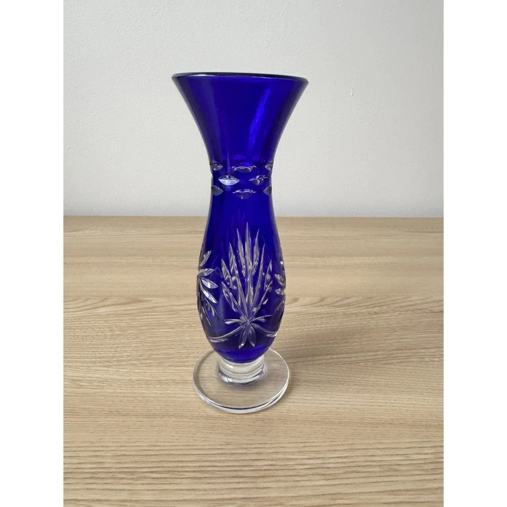 Vintage Cobalt Blue Cut To Clear Glass Bud Vase Floral Etched Footed 6
